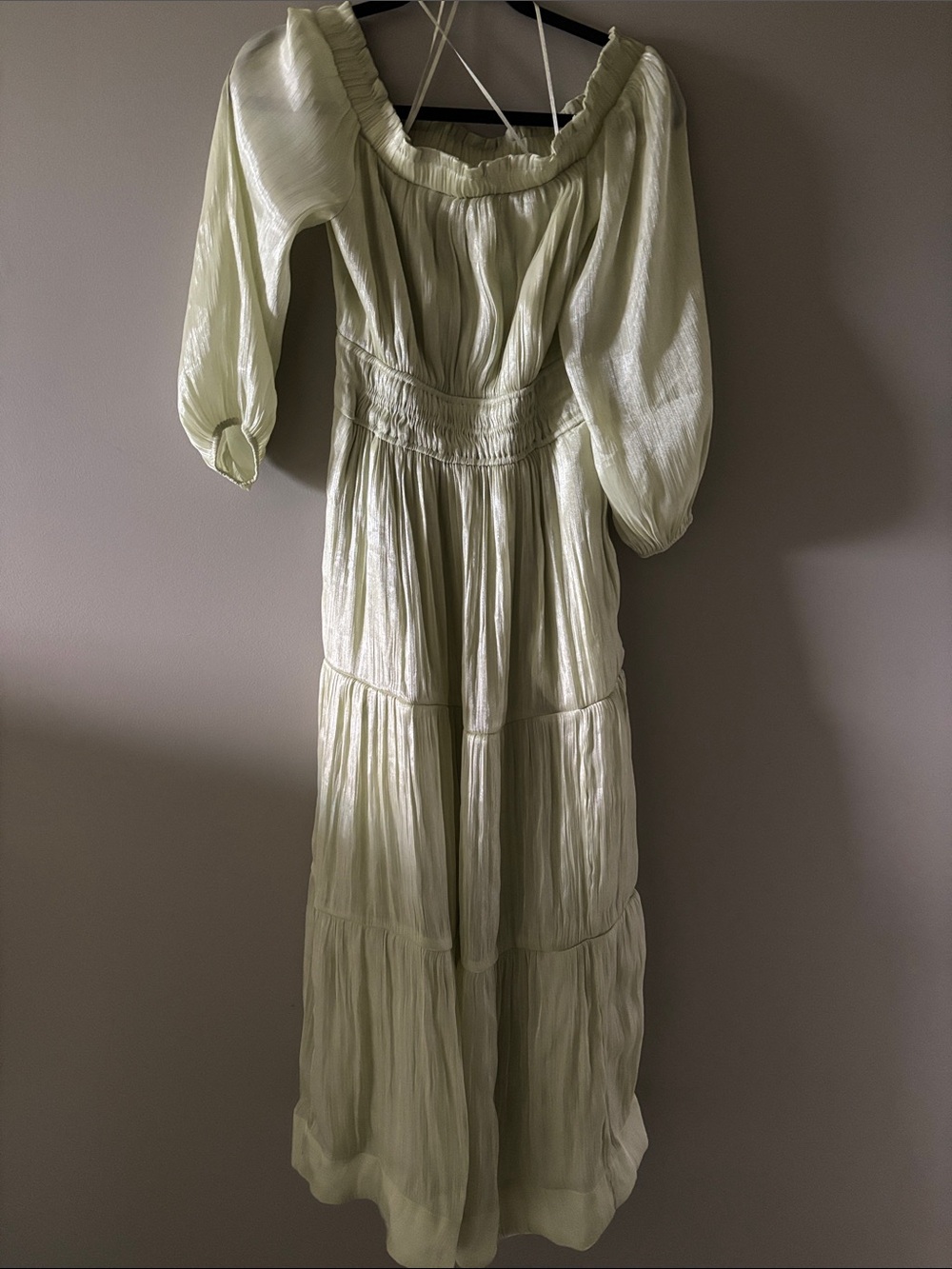 Anthropologie Pale lime green Off-Shoulder Tiered Maxi Dress